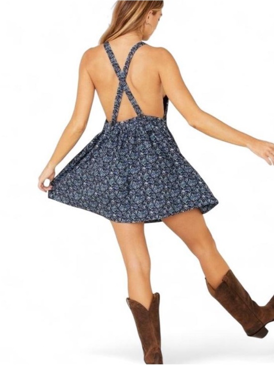 Free People Petunia Mini Dress Blue Floral Smocked Boho Backless - Size S - Picture 3 of 9